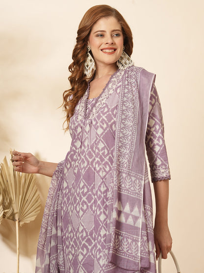 Ethnic Printed & Embroidered A-Line Paneled Kurta with Pant & Dupatta -Lavender