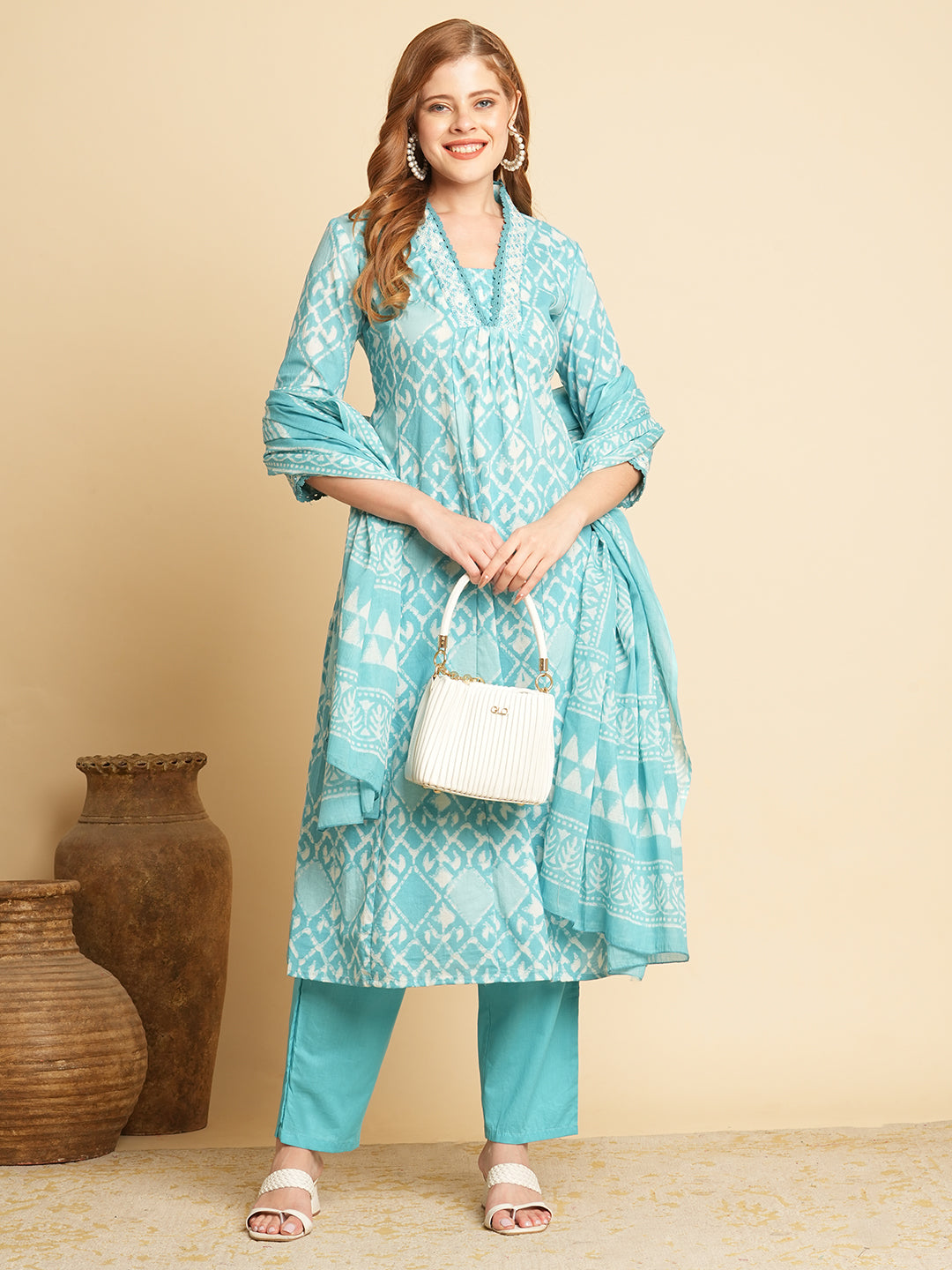 Ethnic Printed & Embroidered A-Line Paneled Kurta with Pant & Dupatta -Blue