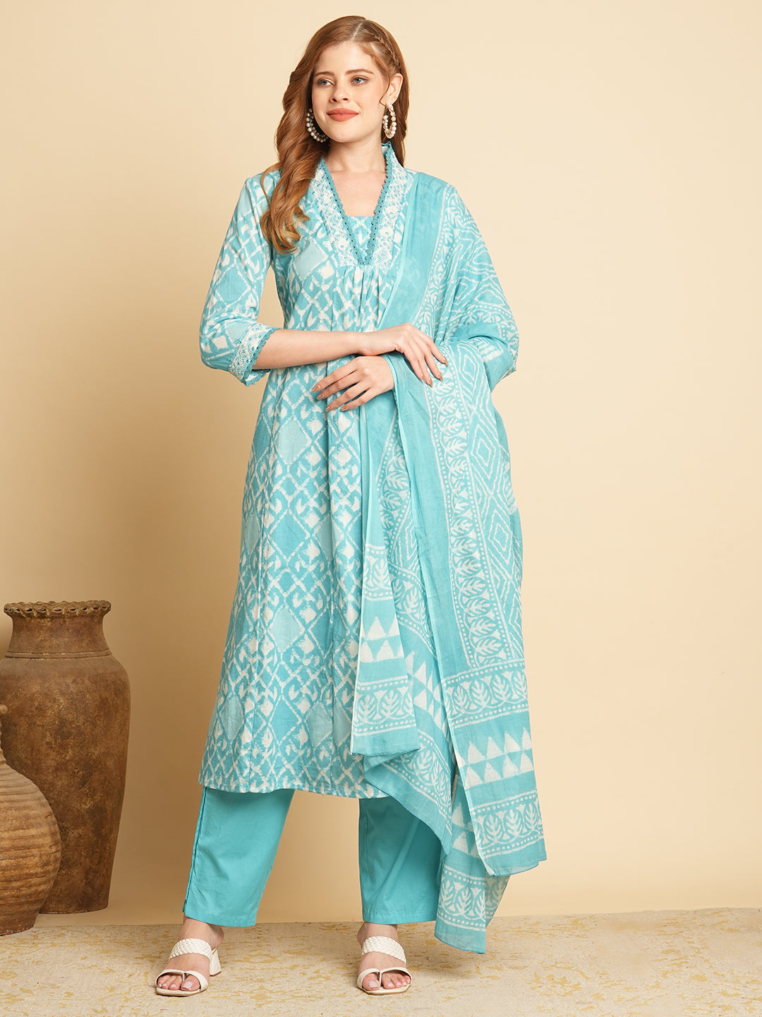 Ethnic Printed & Embroidered A-Line Paneled Kurta with Pant & Dupatta -Blue