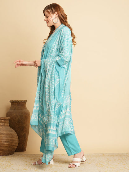 Ethnic Printed & Embroidered A-Line Paneled Kurta with Pant & Dupatta -Blue