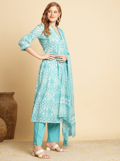 Ethnic Printed & Embroidered A-Line Paneled Kurta with Pant & Dupatta -Blue