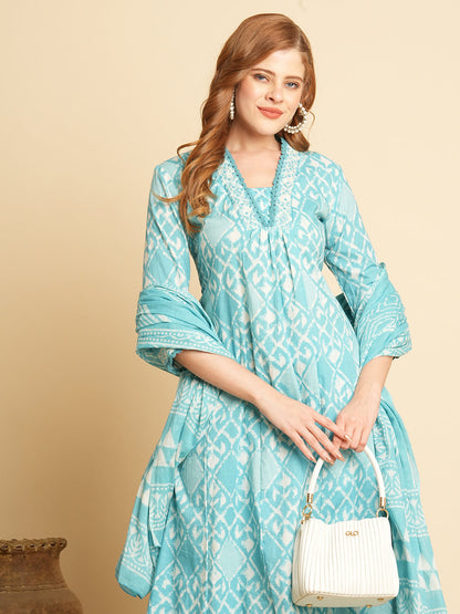 Ethnic Printed & Embroidered A-Line Paneled Kurta with Pant & Dupatta -Blue