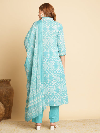 Ethnic Printed & Embroidered A-Line Paneled Kurta with Pant & Dupatta -Blue