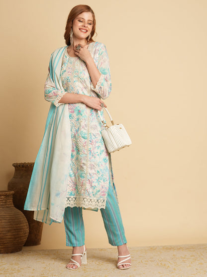 Floral Printed & Chikankari Embroidered Kurta with Pant & Dupatta - Sea Green