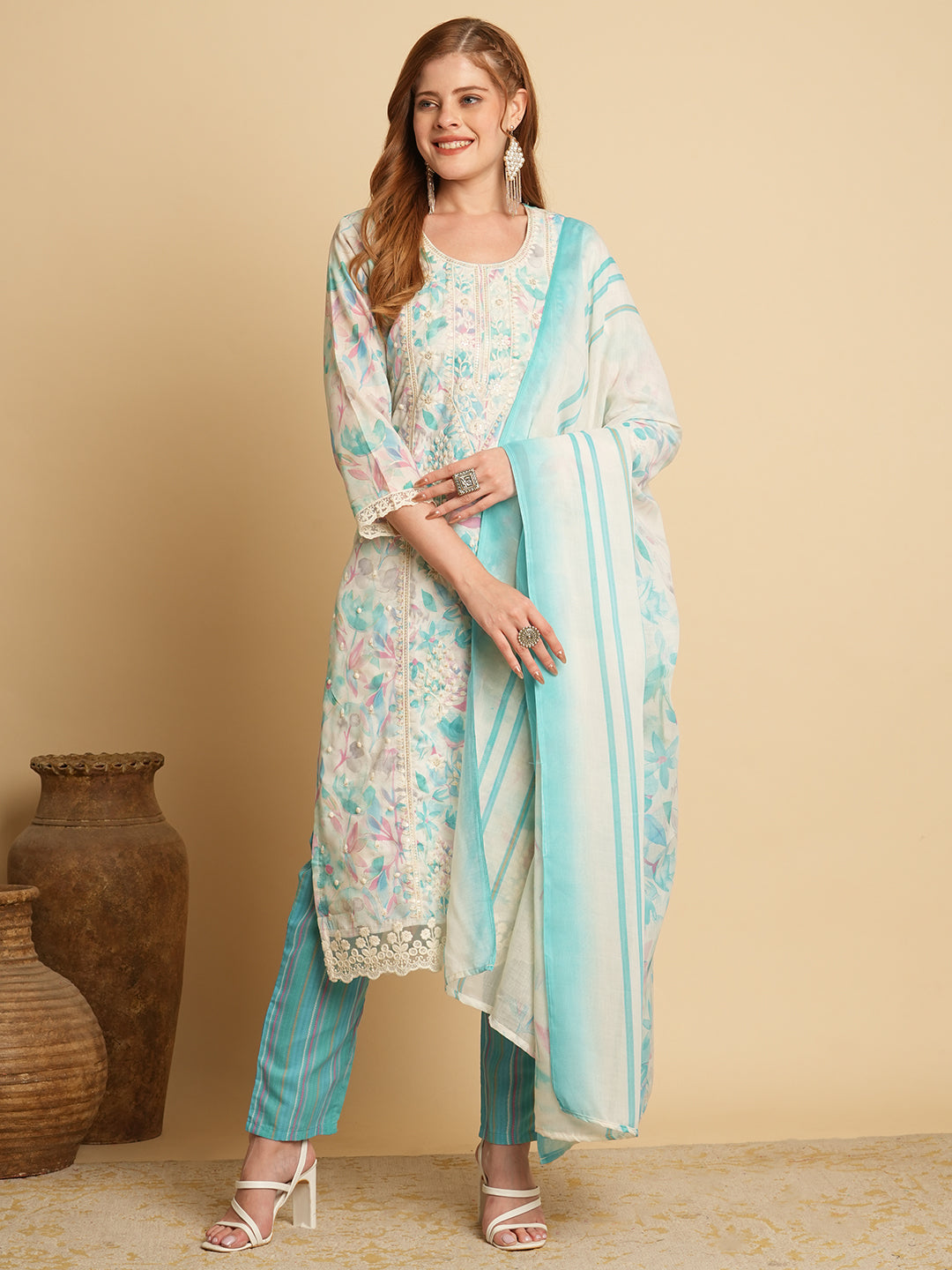 Floral Printed & Chikankari Embroidered Kurta with Pant & Dupatta - Sea Green