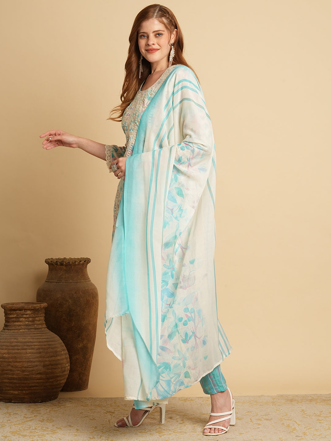 Floral Printed & Chikankari Embroidered Kurta with Pant & Dupatta - Sea Green