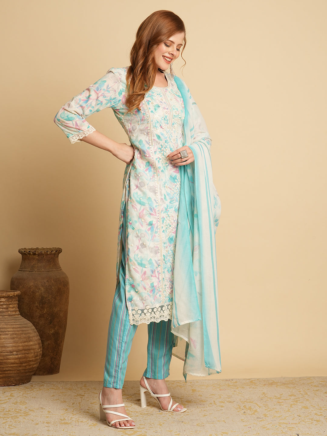 Floral Printed & Chikankari Embroidered Kurta with Pant & Dupatta - Sea Green