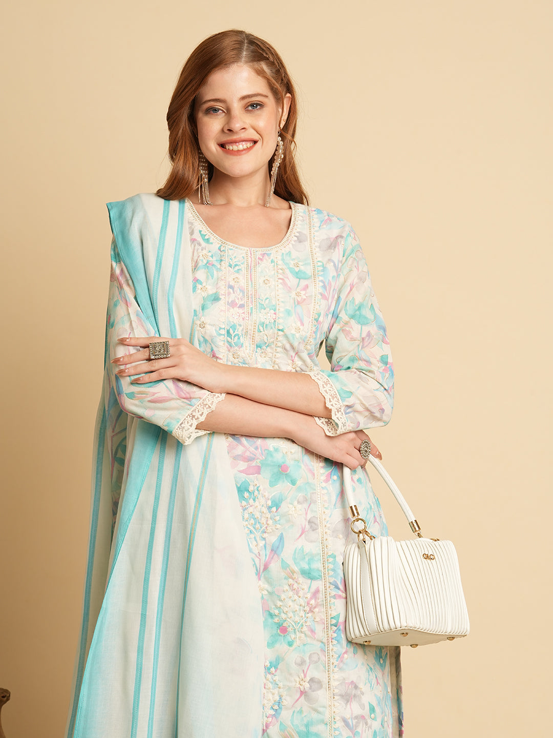 Floral Printed & Chikankari Embroidered Kurta with Pant & Dupatta - Sea Green