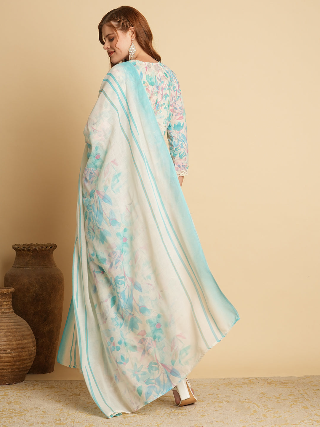 Floral Printed & Chikankari Embroidered Kurta with Pant & Dupatta - Sea Green