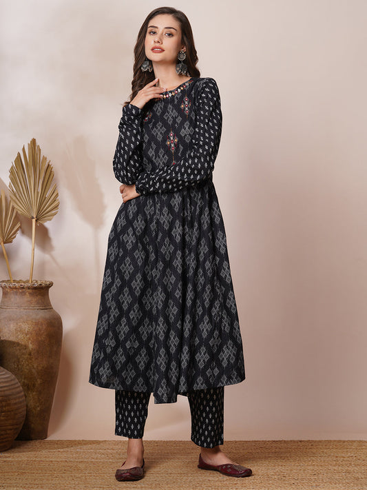 Ethnic Printed & Mirror Embroidered Anarkali Flared Kurta with Pant - Black