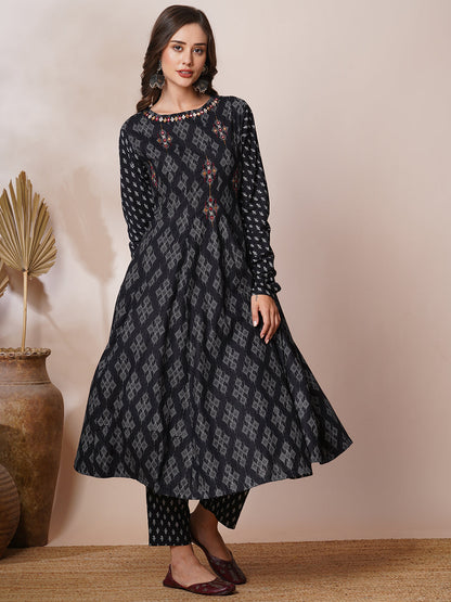 Ethnic Printed & Mirror Embroidered Anarkali Flared Kurta with Pant - Black