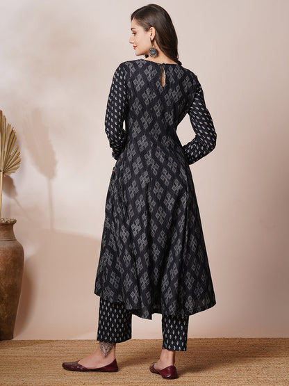 Ethnic Printed & Mirror Embroidered Anarkali Flared Kurta with Pant - Black