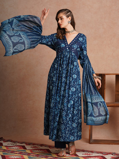 Floral Printed & Embroidered A-Line Pleated Kurta with Pant and Pure Cotton Dupatta - Navy Blue