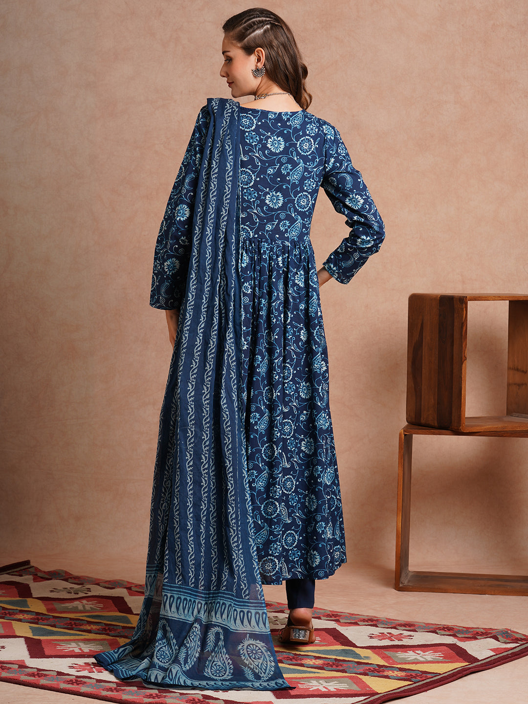 Floral Printed & Embroidered A-Line Pleated Kurta with Pant and Pure Cotton Dupatta - Navy Blue