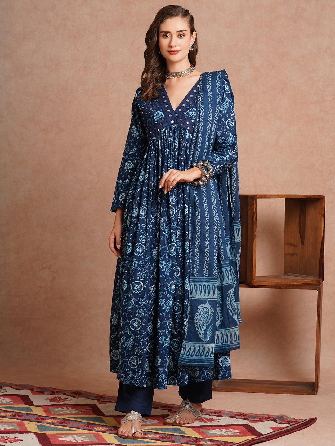 Floral Printed & Embroidered A-Line Pleated Kurta with Pant and Pure Cotton Dupatta - Navy Blue