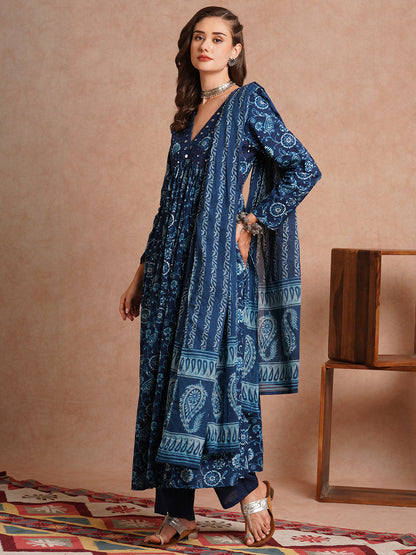 Floral Printed & Embroidered A-Line Pleated Kurta with Pant and Pure Cotton Dupatta - Navy Blue