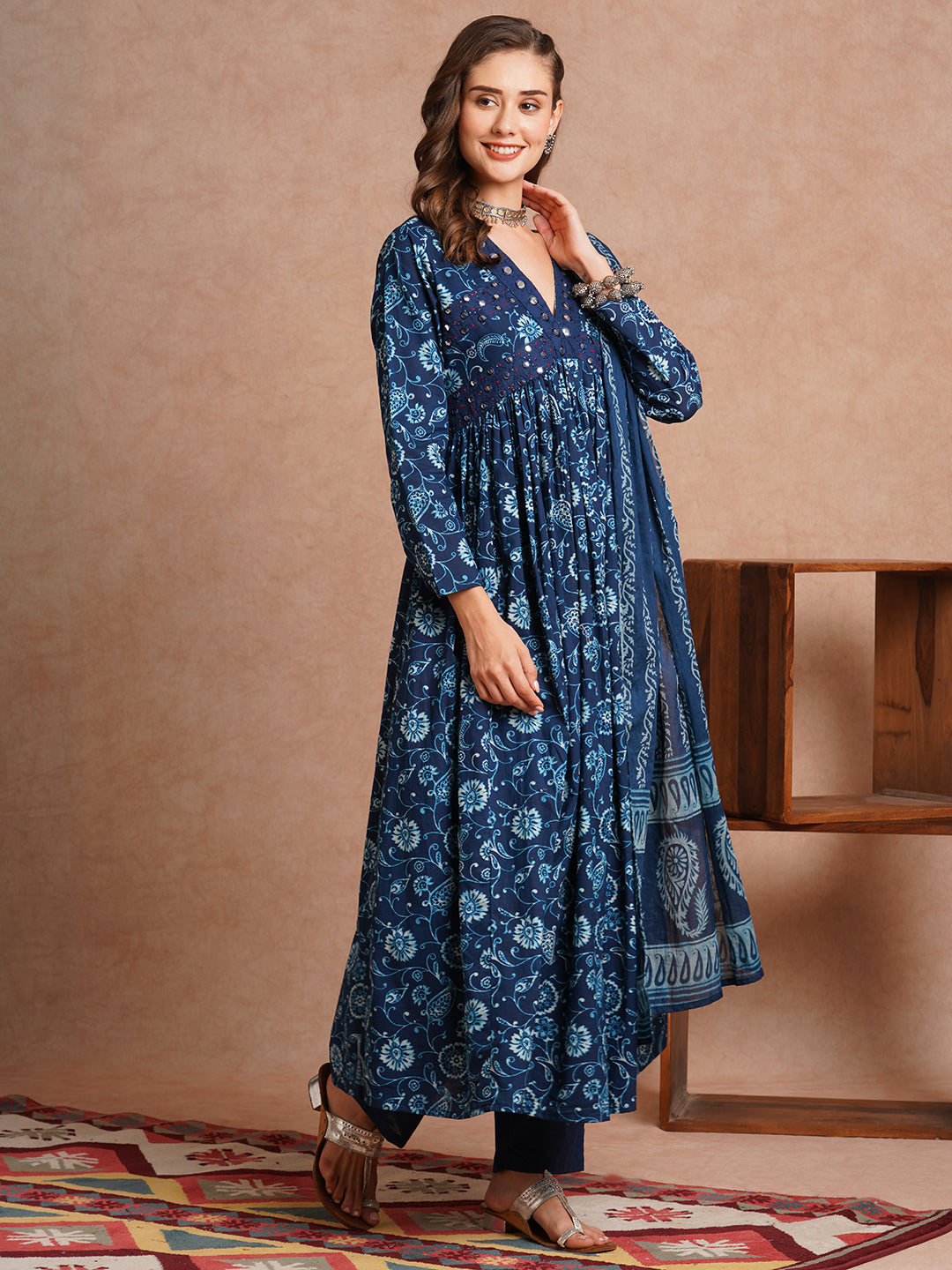 Floral Printed & Embroidered A-Line Pleated Kurta with Pant and Pure Cotton Dupatta - Navy Blue