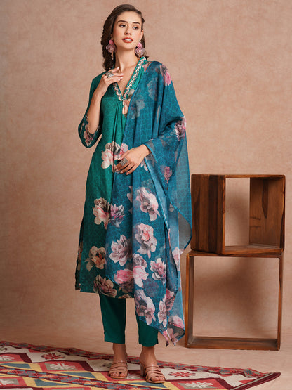 Floral Printed & Embroidered Straight Fit Kurta with Pant and Dupatta - Sea Green