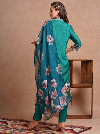 Floral Printed & Embroidered Straight Fit Kurta with Pant and Dupatta - Sea Green