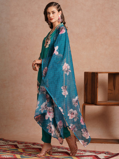 Floral Printed & Embroidered Straight Fit Kurta with Pant and Dupatta - Sea Green