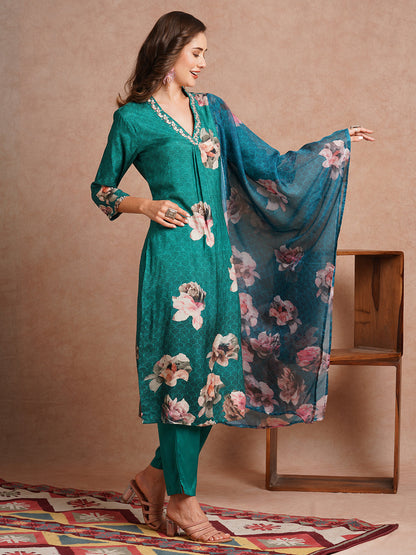 Floral Printed & Embroidered Straight Fit Kurta with Pant and Dupatta - Sea Green