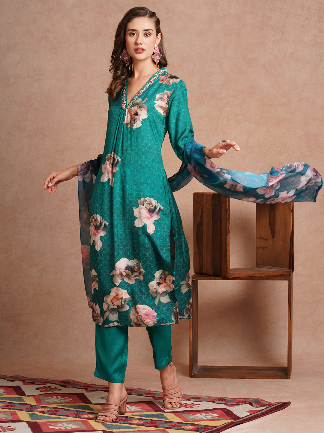 Floral Printed & Embroidered Straight Fit Kurta with Pant and Dupatta - Sea Green