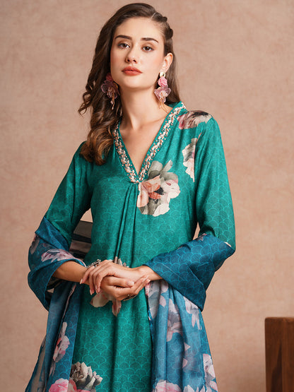 Floral Printed & Embroidered Straight Fit Kurta with Pant and Dupatta - Sea Green