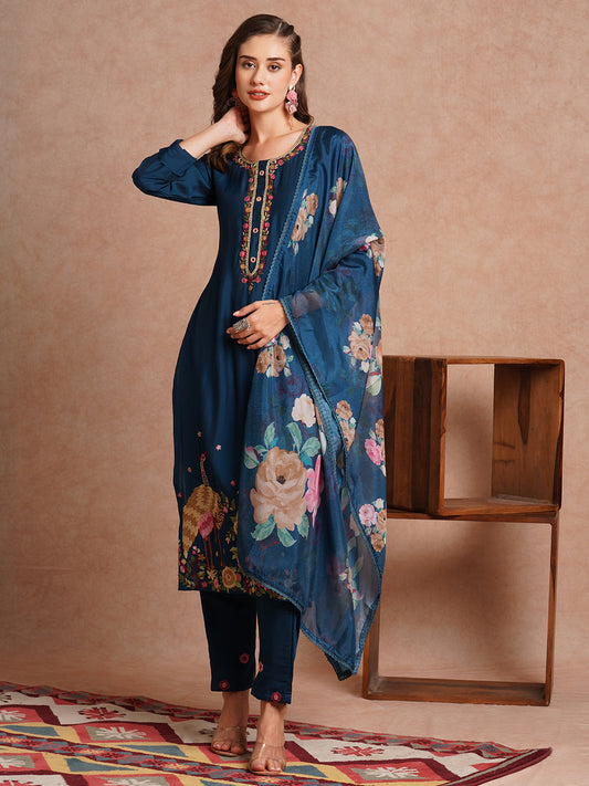 Floral Hand Embroidered Straight Fit Kurta with Pant & Dupatta - Teal Blue