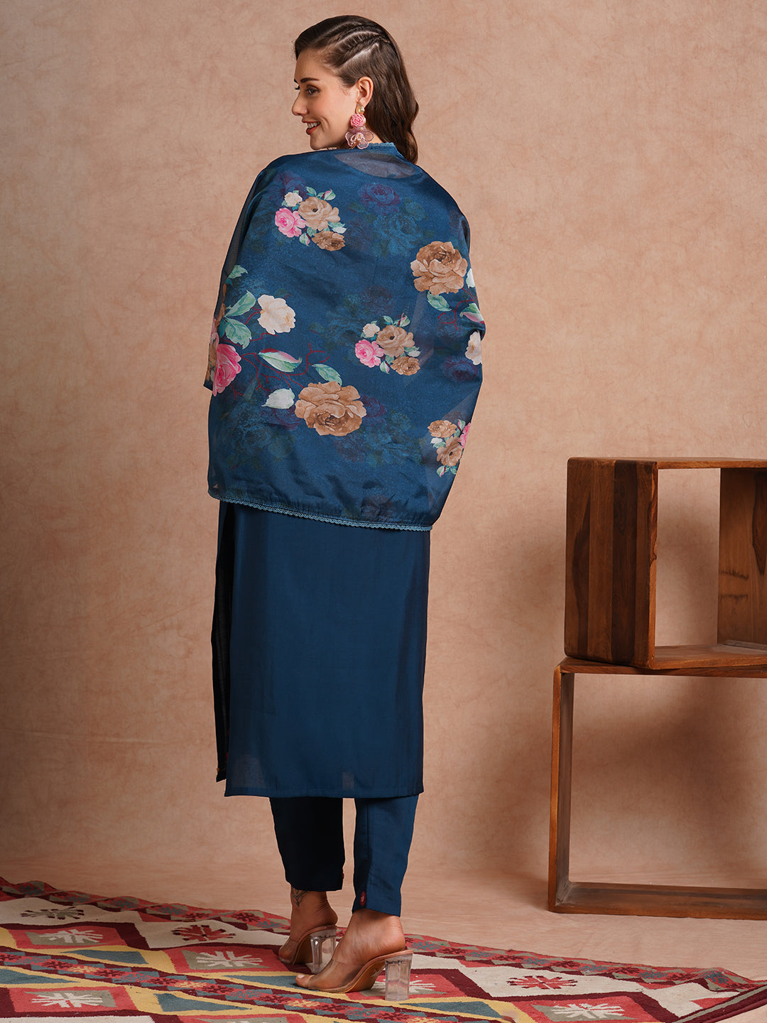 Floral Hand Embroidered Straight Fit Kurta with Pant & Dupatta - Teal Blue