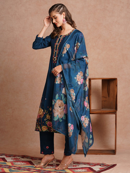 Floral Hand Embroidered Straight Fit Kurta with Pant & Dupatta - Teal Blue