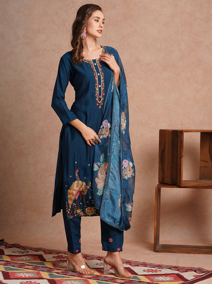 Floral Hand Embroidered Straight Fit Kurta with Pant & Dupatta - Teal Blue