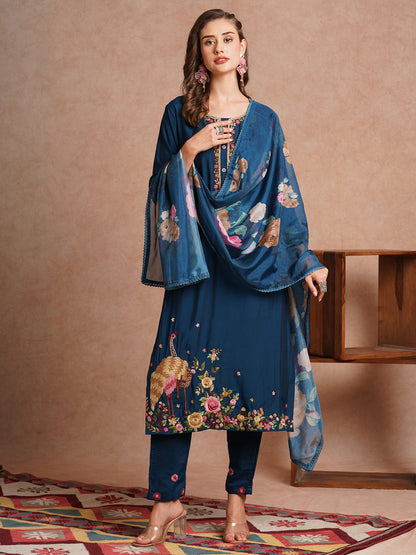 Floral Hand Embroidered Straight Fit Kurta with Pant & Dupatta - Teal Blue