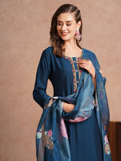 Floral Hand Embroidered Straight Fit Kurta with Pant & Dupatta - Teal Blue