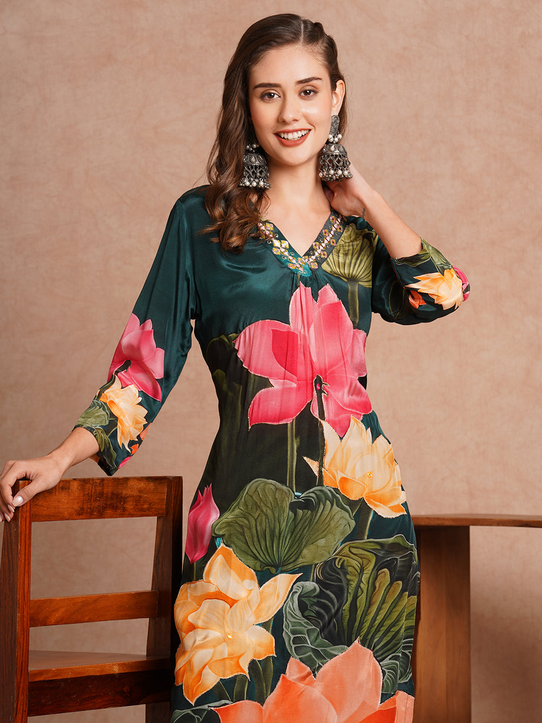 Abstract Floral Printed & Embroidered Straight Fit Kurta with Pant - Green