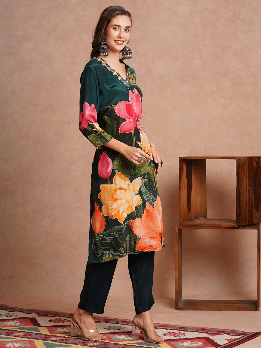 Abstract Floral Printed & Embroidered Straight Fit Kurta with Pant - Green