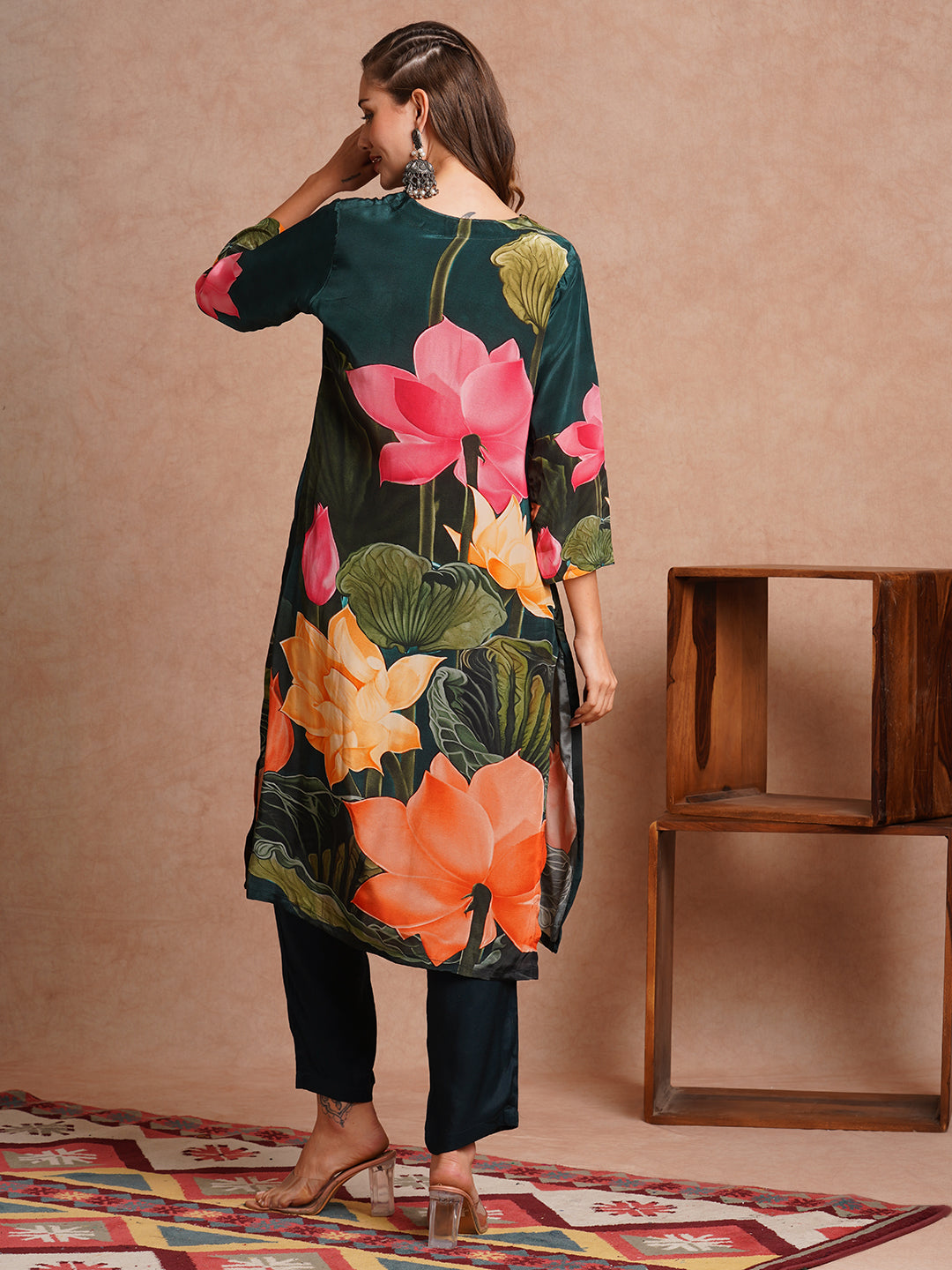 Abstract Floral Printed & Embroidered Straight Fit Kurta with Pant - Green