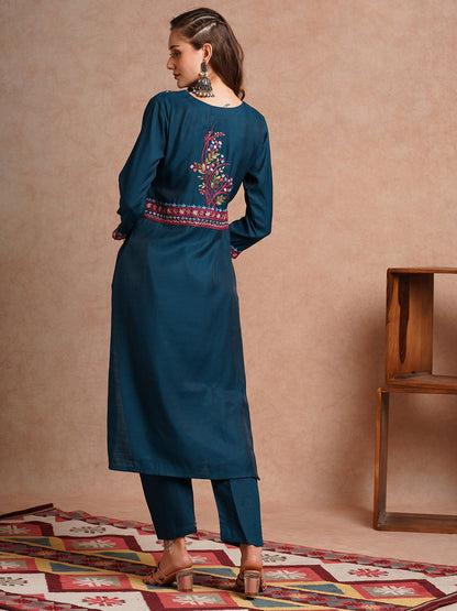 Floral Hand Embroidered Straight Fit Co-ord Set - Teal Green