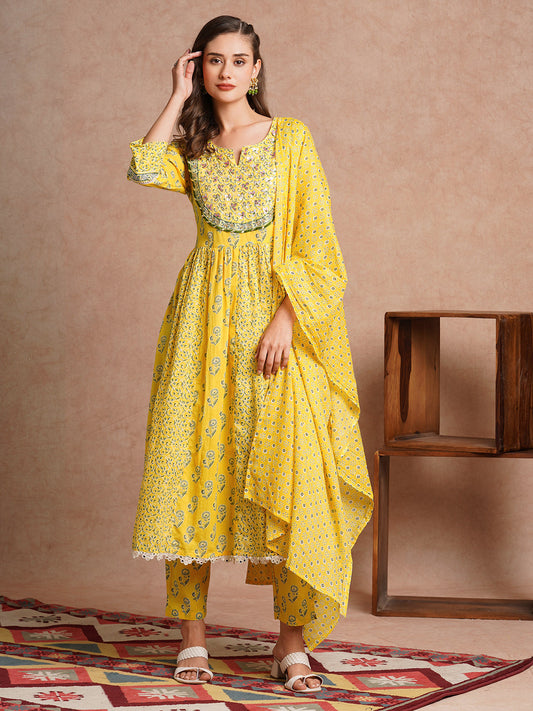 Ethnic Floral Printed & Hand Embroidered Anarkali Kurta with Pant & Dupatta - Yellow