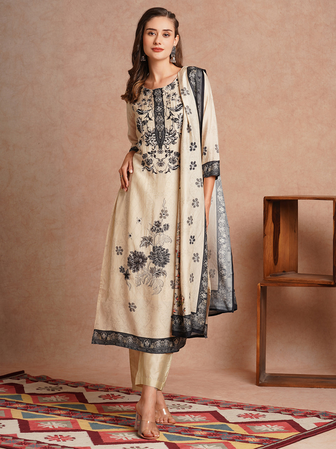 Ethnic Floral Printed & Embroidered Straight Kurta with Pant & Dupatta - Cream