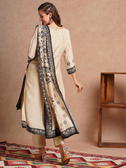 Ethnic Floral Printed & Embroidered Straight Kurta with Pant & Dupatta - Cream