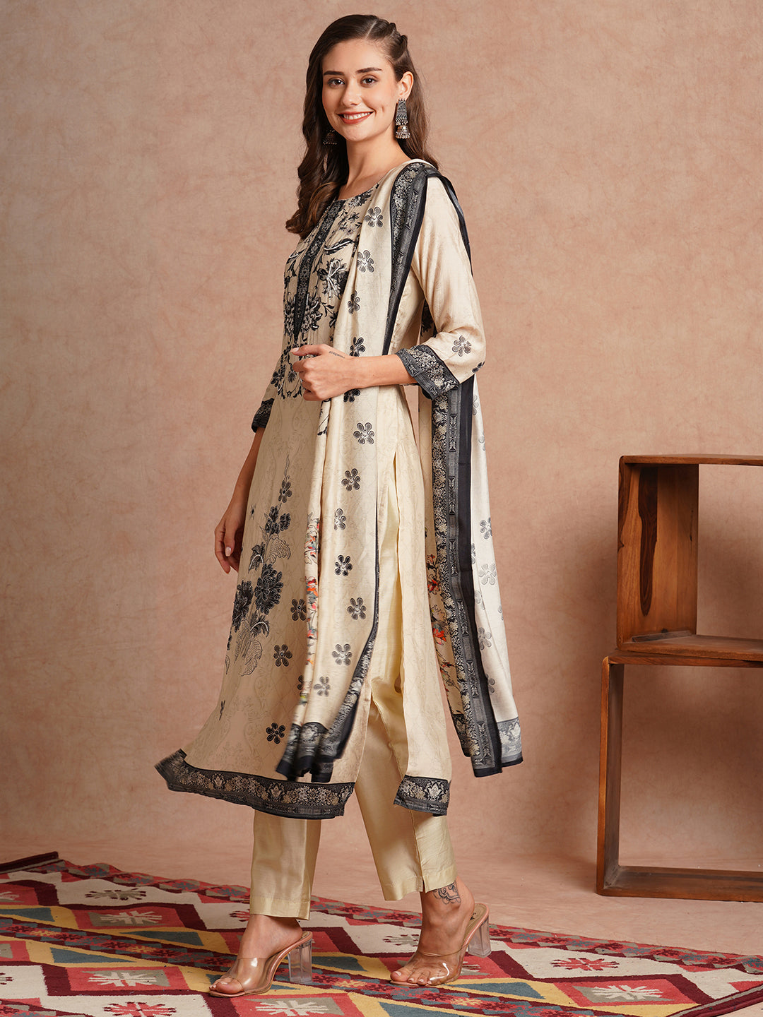 Ethnic Floral Printed & Embroidered Straight Kurta with Pant & Dupatta - Cream