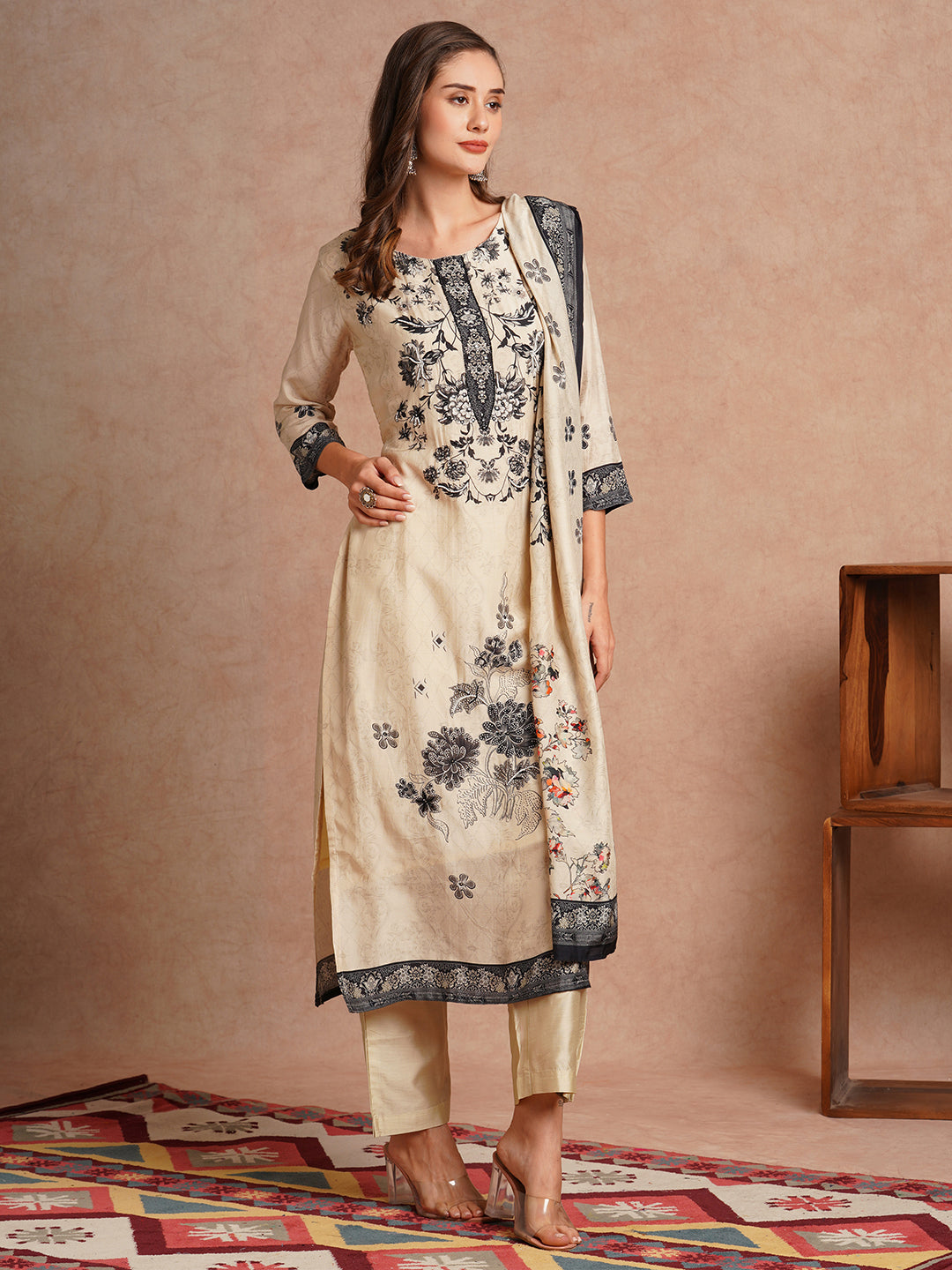 Ethnic Floral Printed & Embroidered Straight Kurta with Pant & Dupatta - Cream