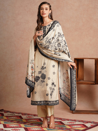 Ethnic Floral Printed & Embroidered Straight Kurta with Pant & Dupatta - Cream