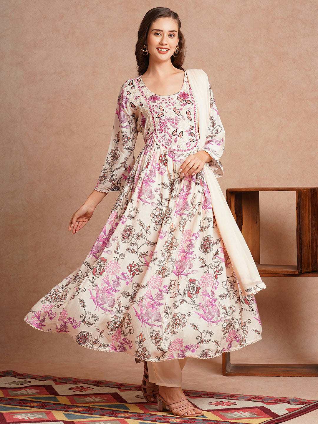 Floral Printed & Hand Embroidered A-Line Pleated Kurta with Pant and Dupatta - Cream