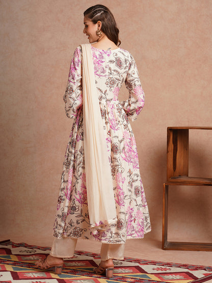 Floral Printed & Hand Embroidered A-Line Pleated Kurta with Pant and Dupatta - Cream