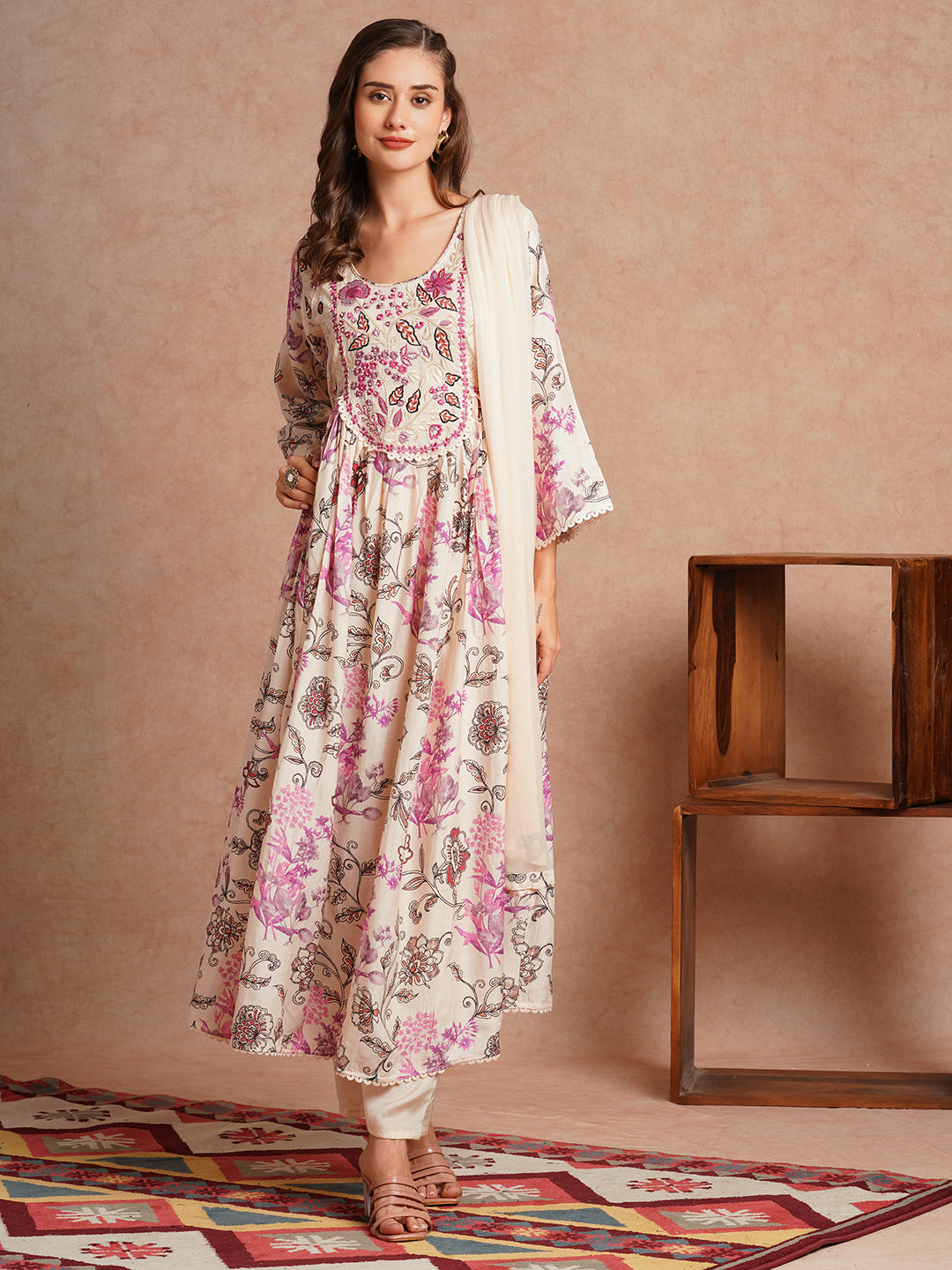 Floral Printed & Hand Embroidered A-Line Pleated Kurta with Pant and Dupatta - Cream