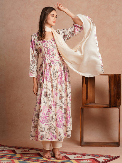 Floral Printed & Hand Embroidered A-Line Pleated Kurta with Pant and Dupatta - Cream