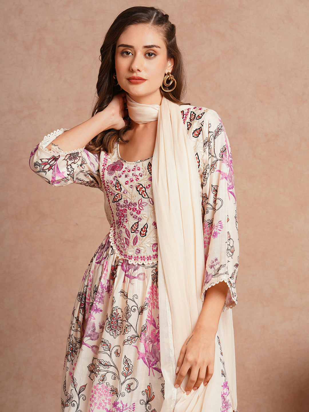 Floral Printed & Hand Embroidered A-Line Pleated Kurta with Pant and Dupatta - Cream