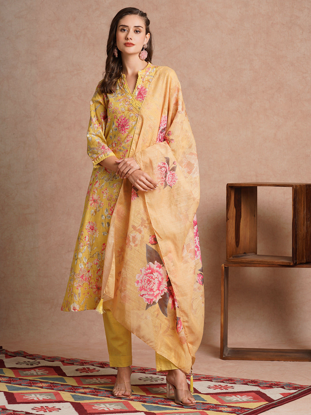 Floral Foil Printed & Embroidered A-Line Kurta with Pant and Dupatta - Yellow