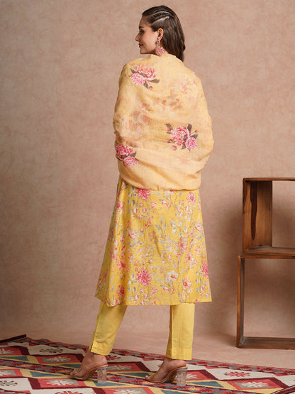 Floral Foil Printed & Embroidered A-Line Kurta with Pant and Dupatta - Yellow